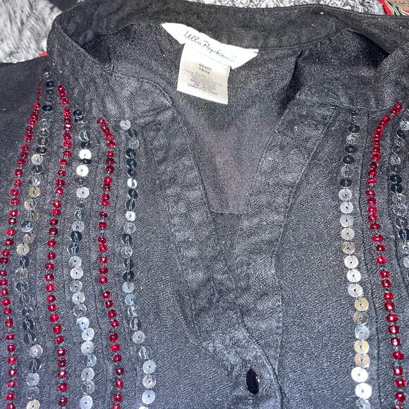 Ulla Popken 16/18 3/4 Sleeve Tunic Blouse Sequin Pieced Fabric Black Red Plus - Picture 2 of 7